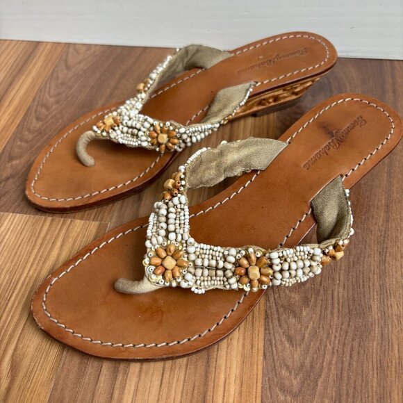 Tommy Bahama Beaded Carved Wood Wedge Flip Flop Thong Sandals Beachy Boho - Picture 3 of 15